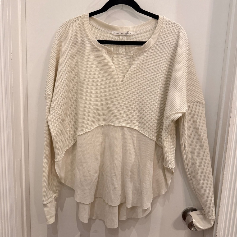 Altar'd State Waffle Knit Mixed Media Top Size S Boho Cream Long Sleeve